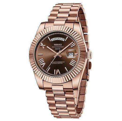Relógio Nibosi Masculino 2628 Com Pulseira de Aço Inoxidável Rosê Com Visor Marrom