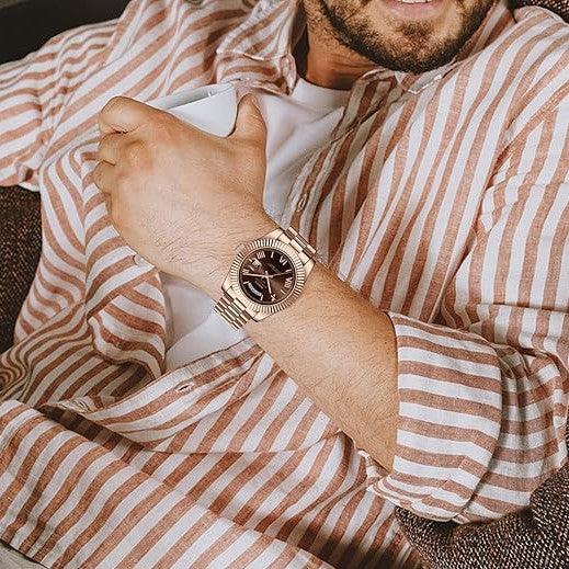 Relógio Nibosi Masculino 2628 Com Pulseira de Aço Inoxidável Rosê Com Visor Marrom