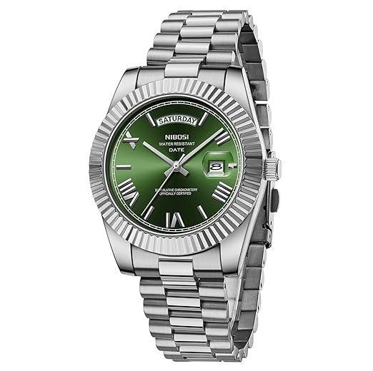 Relógio Nibosi Masculino 2628 Com Pulseira de Aço Inoxidável Prata e Visor Verde