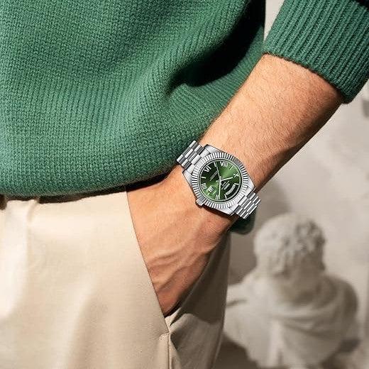 Relógio Nibosi Masculino 2628 Com Pulseira de Aço Inoxidável Prata e Visor Verde
