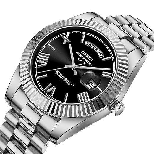 Relógio Nibosi Masculino 2628 Com Pulseira de Aço Inoxidável Prata e Visor Preto