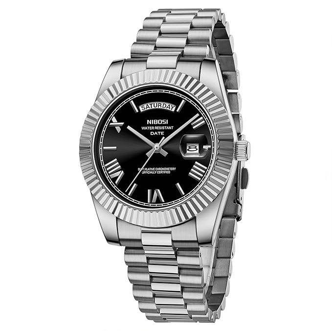 Relógio Nibosi Masculino 2628 Com Pulseira de Aço Inoxidável Prata e Visor Preto