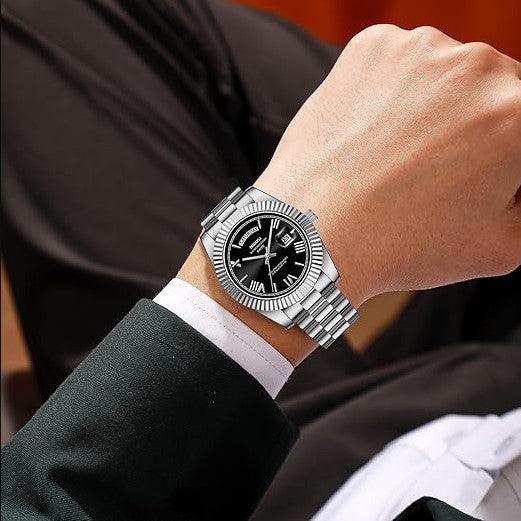 Relógio Nibosi Masculino 2628 Com Pulseira de Aço Inoxidável Prata e Visor Preto