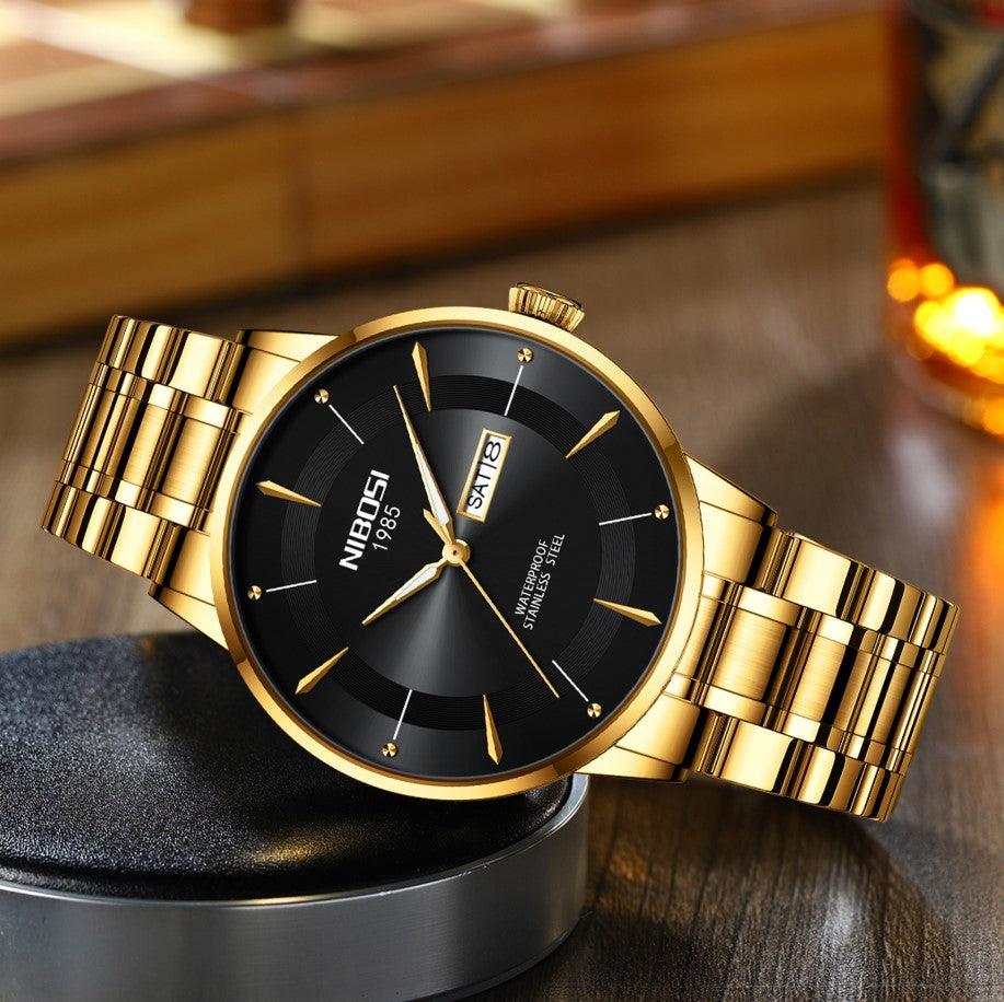 Relógio Nibosi Minimalista Masculino Signature Pulseira de Aço Inoxidável Dourado Com Visor Preto
