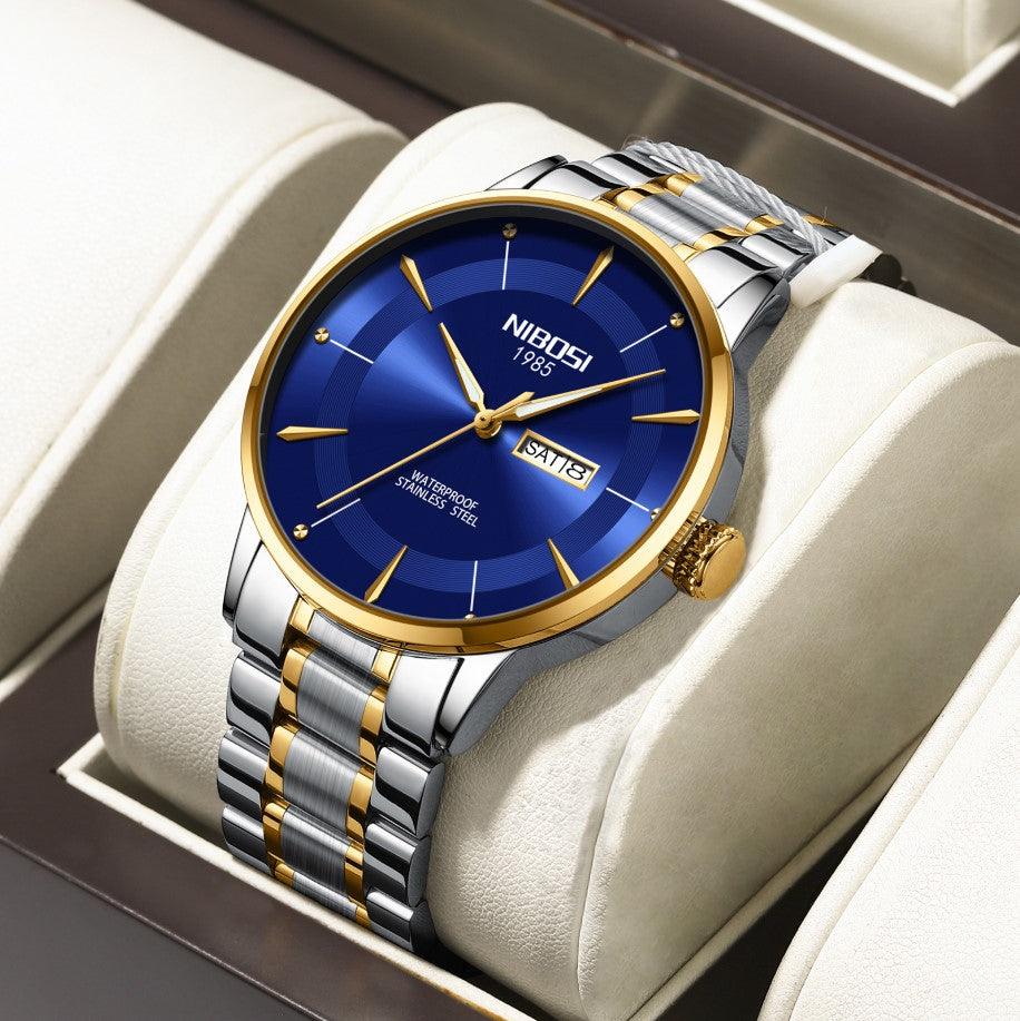 Relógio Nibosi Minimalista Masculino Signature Pulseira de Aço Inoxidável Prata e Dourado Com Visor Azul