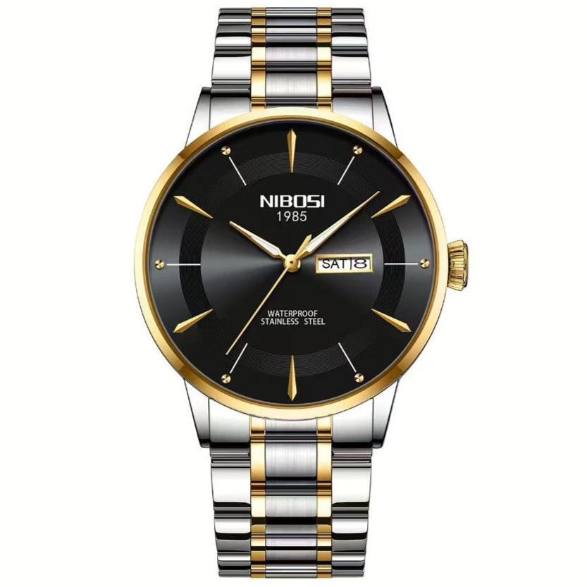 Relógio Nibosi Minimalista Masculino Signature Pulseira de Aço Inoxidável Prata e Dourado Com Visor Preto