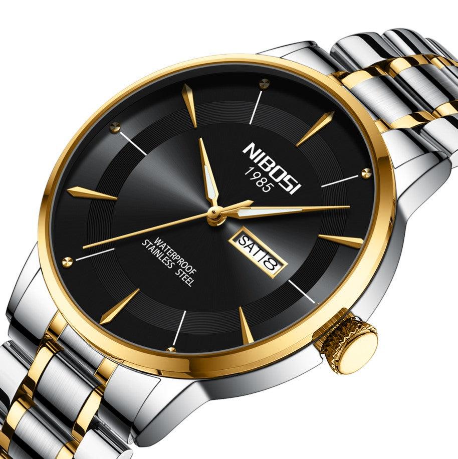 Relógio Nibosi Minimalista Masculino Signature Pulseira de Aço Inoxidável Prata e Dourado Com Visor Preto