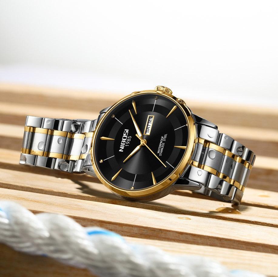 Relógio Nibosi Minimalista Masculino Signature Pulseira de Aço Inoxidável Prata e Dourado Com Visor Preto