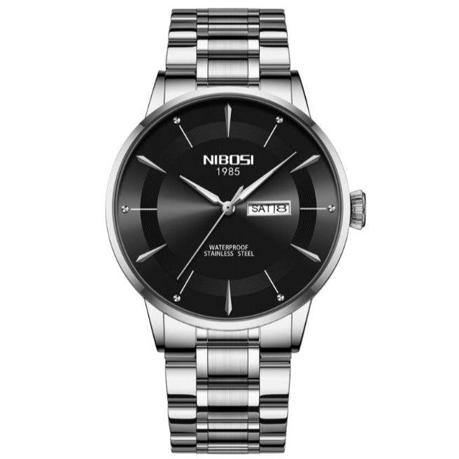 Relógio Nibosi Minimalista Masculino Signature Pulseira de Aço Inoxidável Prata Com Visor Preto