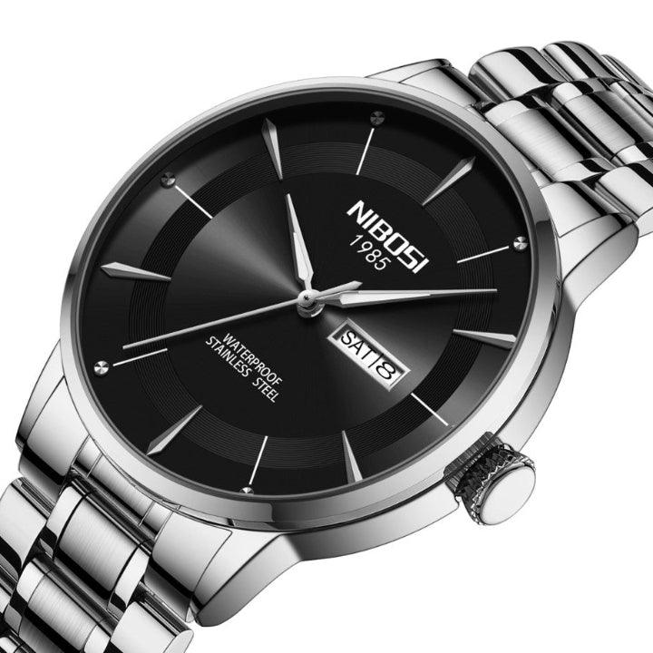 Relógio Nibosi Minimalista Masculino Signature Pulseira de Aço Inoxidável Prata Com Visor Preto