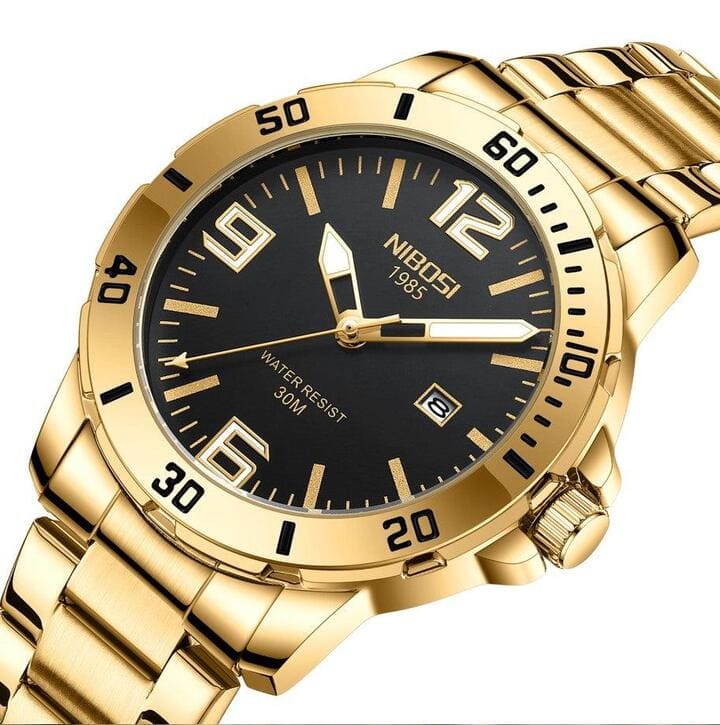 Relógio Nibosi Masculino Vellum Com Pulseira de Aço Inoxidável dourado e Com Visor Preto