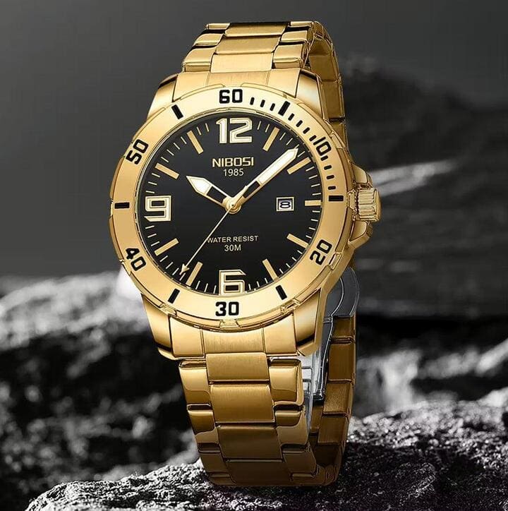 Relógio Nibosi Masculino Vellum Com Pulseira de Aço Inoxidável dourado e Com Visor Preto