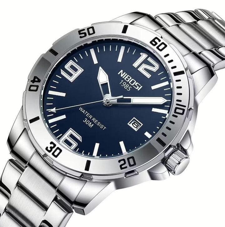 Relógio Nibosi Masculino Vellum Com Pulseira de Aço Inoxidável Prata e Com Visor Azul