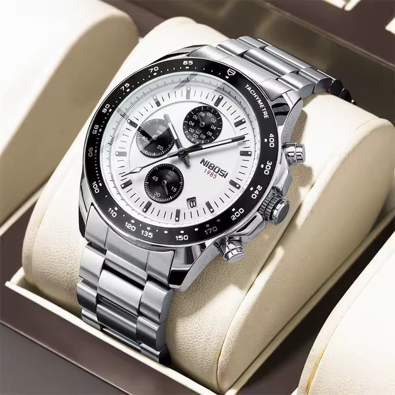 Relógio social masculino elegante Nibosi Nimbus com pulseira de aço inoxidável prata e visor branco 44mm e cronógrafo funcional
