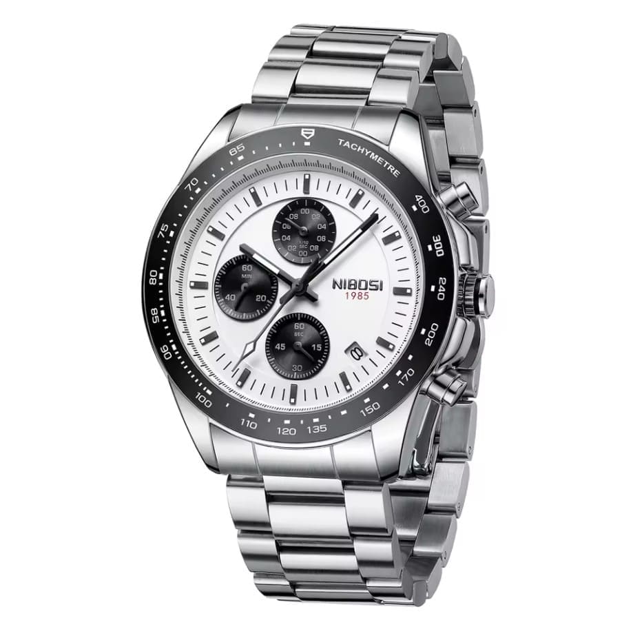 Relógio social masculino elegante Nibosi Nimbus com pulseira de aço inoxidável prata e visor branco 44mm e cronógrafo funcional