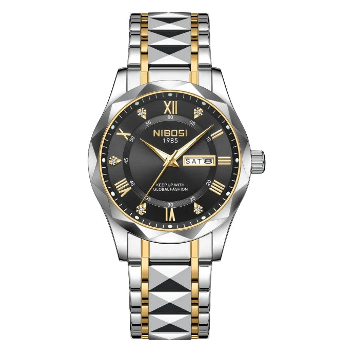Relógio masculino Nibosi Arkos em aço inoxidável com mostrador preto e numerais romanos, pulseira metálica ajustável