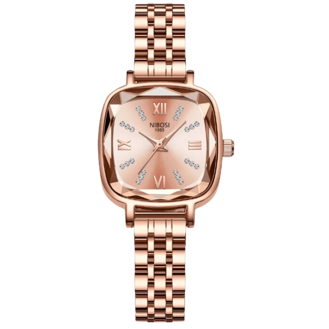 Relógio Nibosi Belle pulseira e caixa rosé com visor rosé