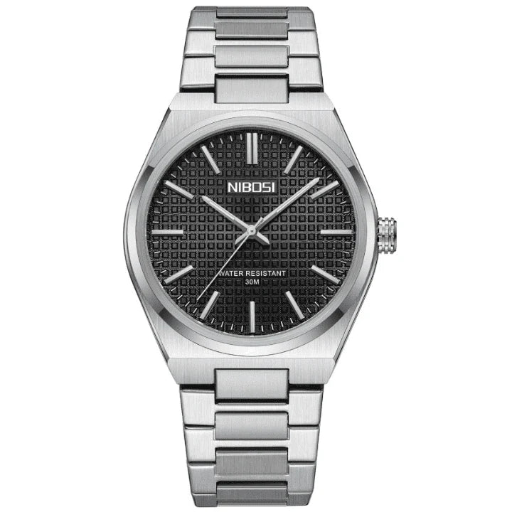 Relógio Nibosi Minimalista Masculino de Aço Inoxidável Prata Com Visor Preto