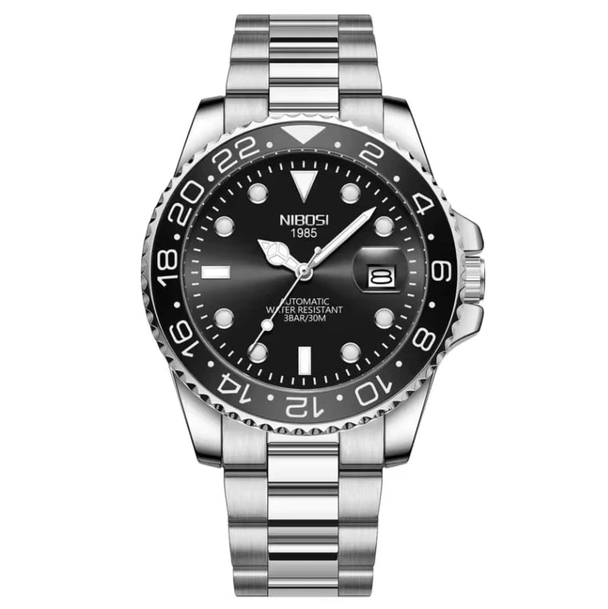 Relógio automático masculino Nibosi Majestic com pulseira em aço inoxidável e visor preto