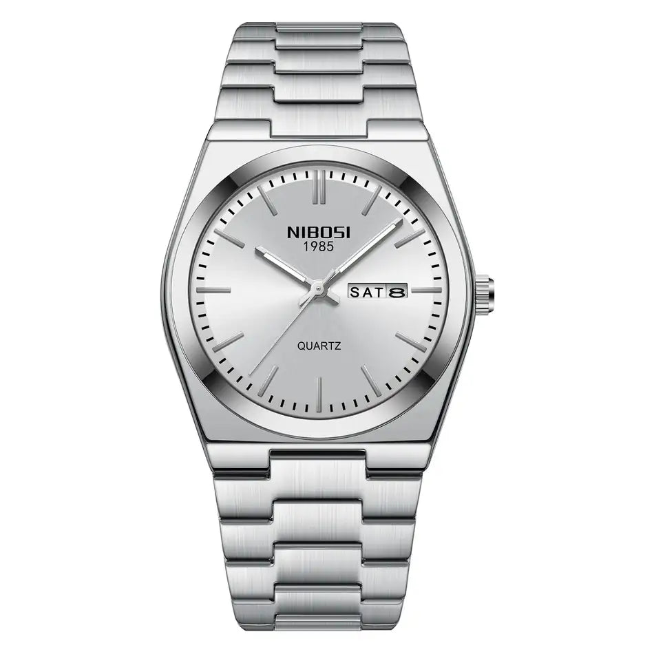 Relógio Nibosi Masculino Minimalista 2658 Com Pulseira de Aço Inoxidável Prata e Visor Branco