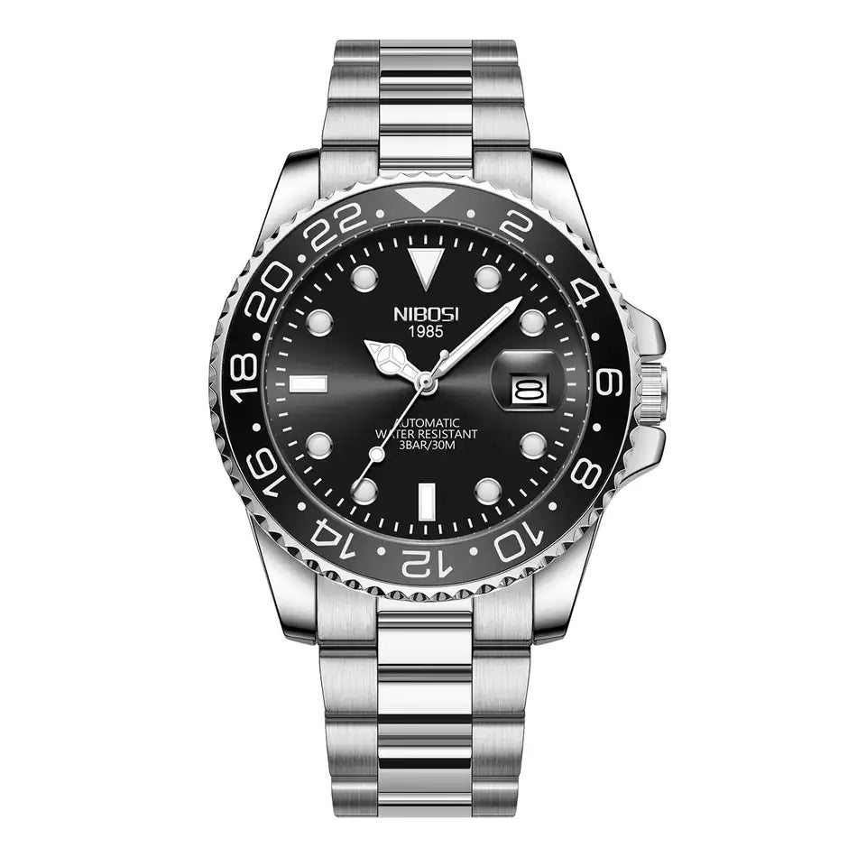 Relógio automático masculino Nibosi Majestic com pulseira em aço inoxidável e visor preto