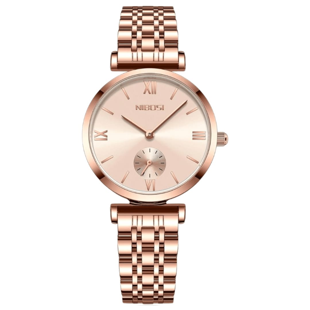 Relógio minimalista feminino Nibosi pequeno 32mm com pulseira em aço inoxidável rosé com visor rosé