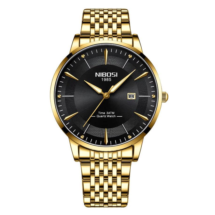 Relógio Nibosi Masculino com pulseira em aço inoxidável dourado com visor preto