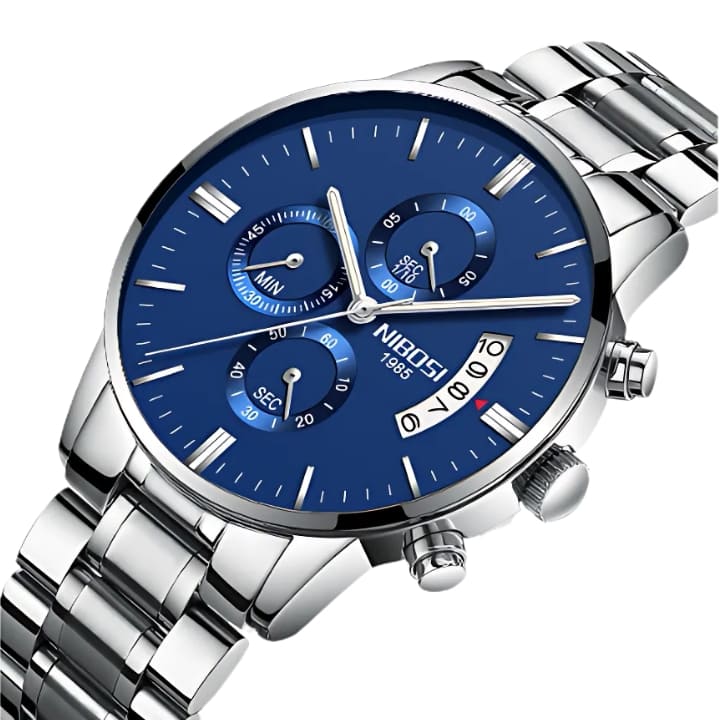Relógio Nibosi Masculino 2309 Com Pulseira de Aço Inoxidável Prata e Visor Azul