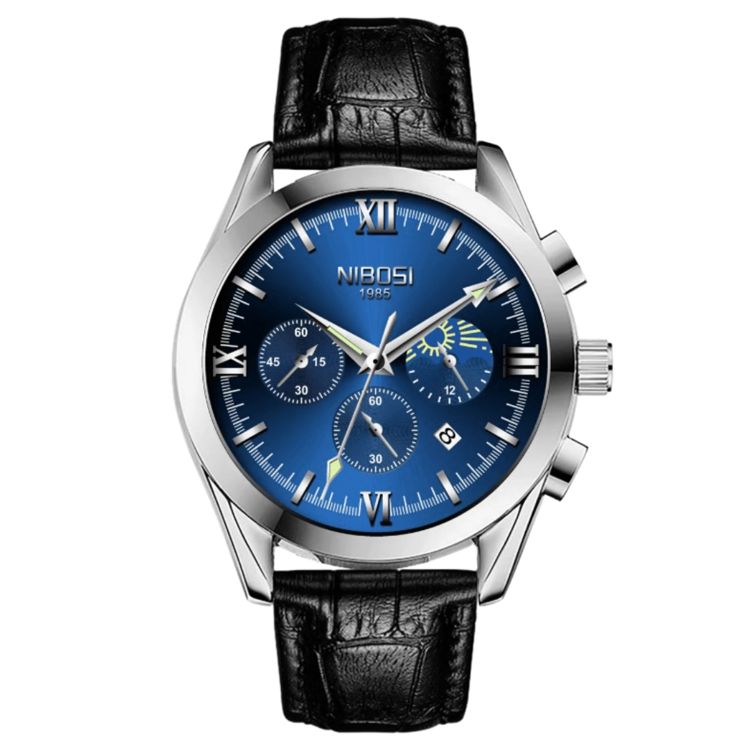 Relógio masculino Nibosi Hermes com pulseira de couro preta e visor azul com cronógrafo