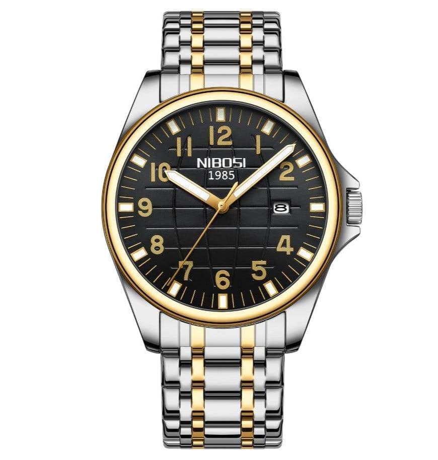 Relógio casual masculino Nibosi Horizont prata e dourado com visor preto