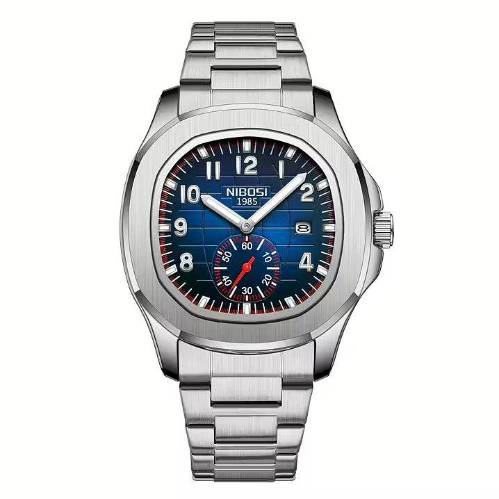 Relógio masculino cronógrafo Nibosi President pulseira de aço inoxidável prata com visor azul