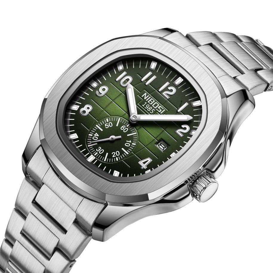 Zoom no relógio masculino cronógrafo Nibosi President pulseira de aço inoxidável prata com visor verde
