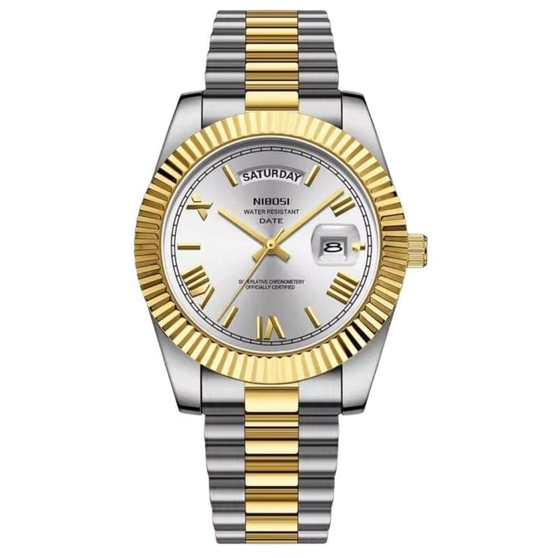 Relógio Nibosi Masculino 2628 Com Pulseira de Aço Inoxidável Prata e Dourado Com Visor Branco