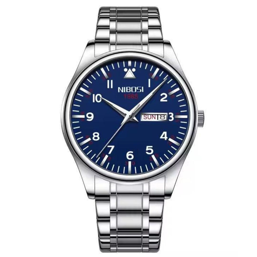 Relógio Nibosi masculino Syncro com pulseira de aço inoxidável prata e visor azul