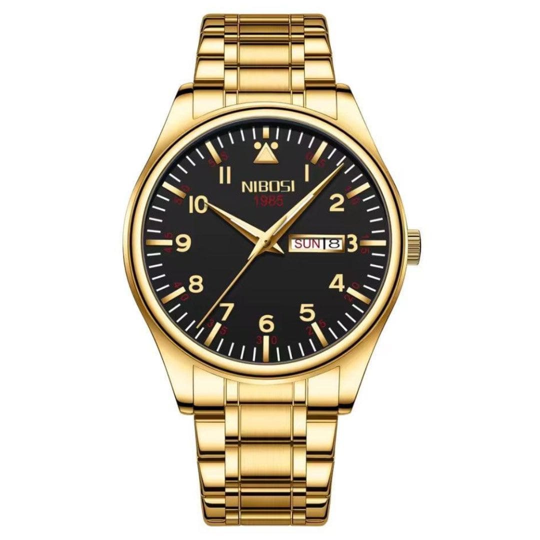 Relógio Nibosi masculino Syncro com pulseira de aço inoxidável dourada e visor preto