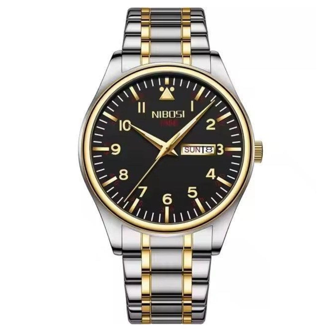 Relógio Nibosi masculino Syncro com pulseira de aço inoxidável prata com dourada e visor preto