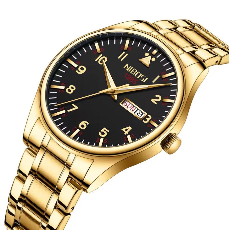 Relógio Nibosi masculino Syncro com pulseira de aço inoxidável dourada e visor preto