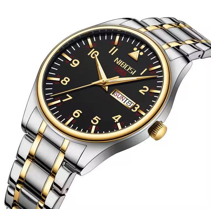 Relógio Nibosi masculino Syncro com pulseira de aço inoxidável prata com dourada e visor preto