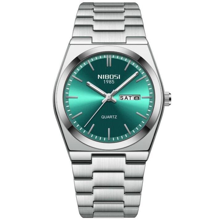 Relógio Nibosi Masculino Minimalista 2658 Com Pulseira de Aço Inoxidável Prata e Visor Verde