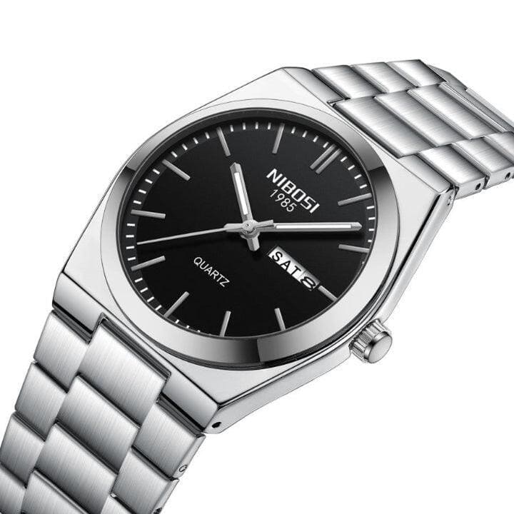 Relógio Nibosi Masculino Minimalista 2658 Com Pulseira de Aço Inoxidável Prata e Visor Preto