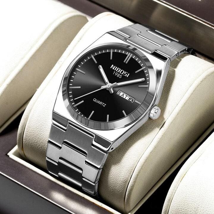 Relógio Nibosi Masculino Minimalista 2658 Com Pulseira de Aço Inoxidável Prata e Visor Preto