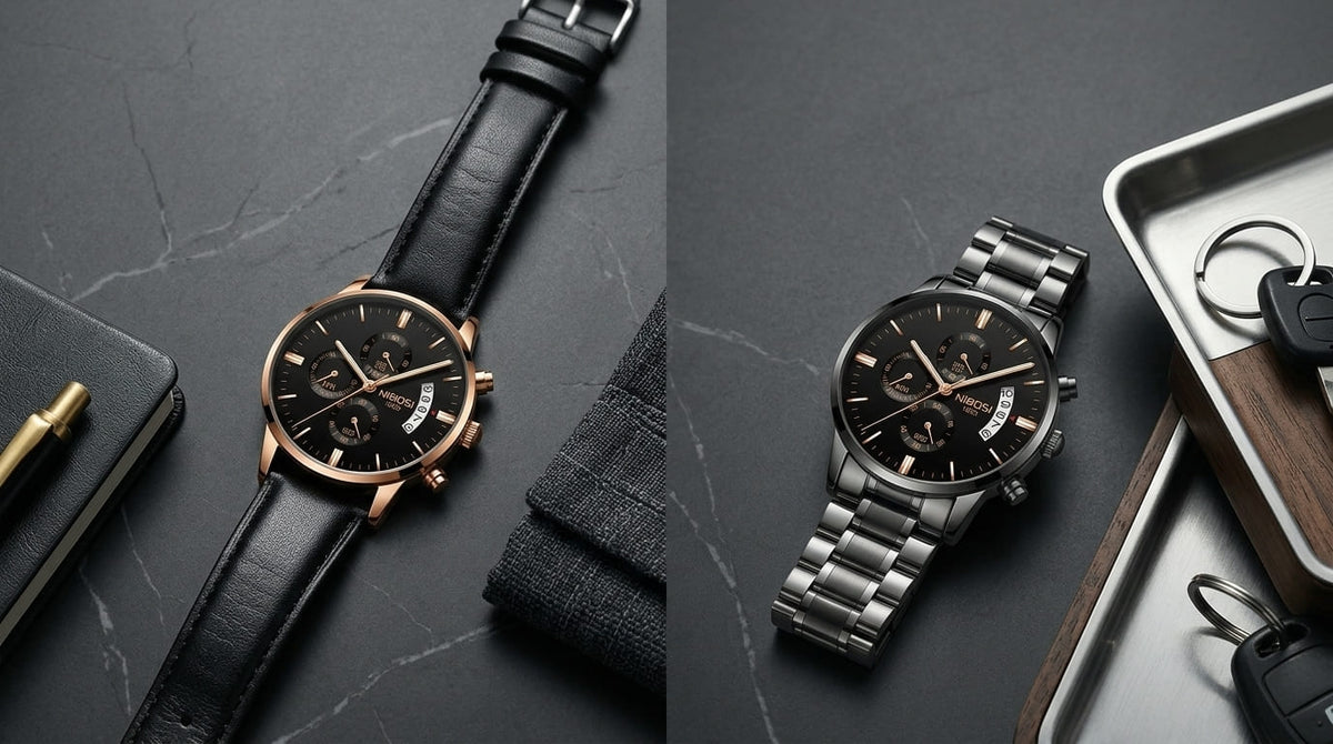 Comparativo entre relógio Nibosi com pulseira de couro e relógio Nibosi com pulseira de aço