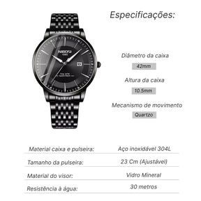 Especificações Nibosi Luxury: Material da pulseira e caixa: Aço Inoxidável; Resistência à água: 30 Metros; Garantia: 1 Ano; Material do visor: Vidro Mineral; Diâmetro do visor/caixa: 42mm; Espessura da caixa: 10.5 mm; Tamanho da pulseira: 23cm (Ajustável); Ajustador de pulseira: De brinde; Mecanismo de movimento: Quartzo; Tipo de fecho: Fecho oculto.