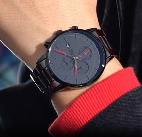 Relógio Nibosi minimalista masculino Preto com ponteiros vermelhos