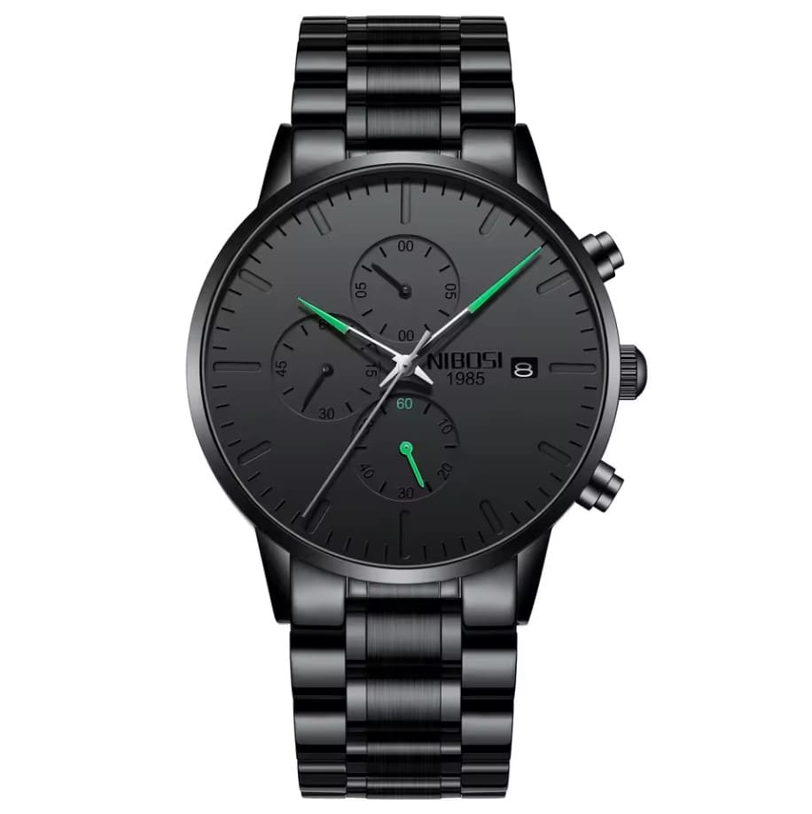 Relógio Nibosi minimalista masculino Preto com ponteiros verdes