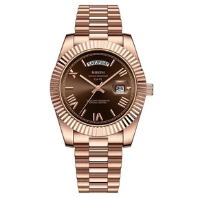 Relógio Nibosi Masculino 2628 Com Pulseira de Aço Inoxidável Rosé Com Visor Marrom