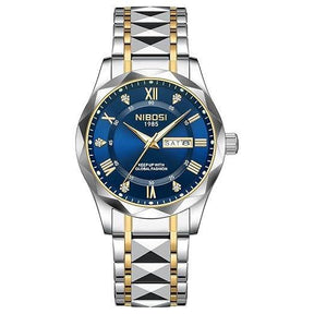 Relógio masculino Nibosi Arkos em aço inoxidável com mostrador azul e numerais romanos, pulseira metálica ajustável