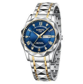Relógio masculino Nibosi Arkos em aço inoxidável com mostrador azul e numerais romanos, pulseira metálica ajustável