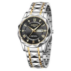 Relógio masculino Nibosi Arkos em aço inoxidável com mostrador preto e numerais romanos, pulseira metálica ajustável