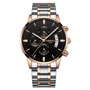 Relógio Nibosi Masculino 2309 Com Pulseira de Aço Inoxidável Prata e Rosê Com Visor Preto